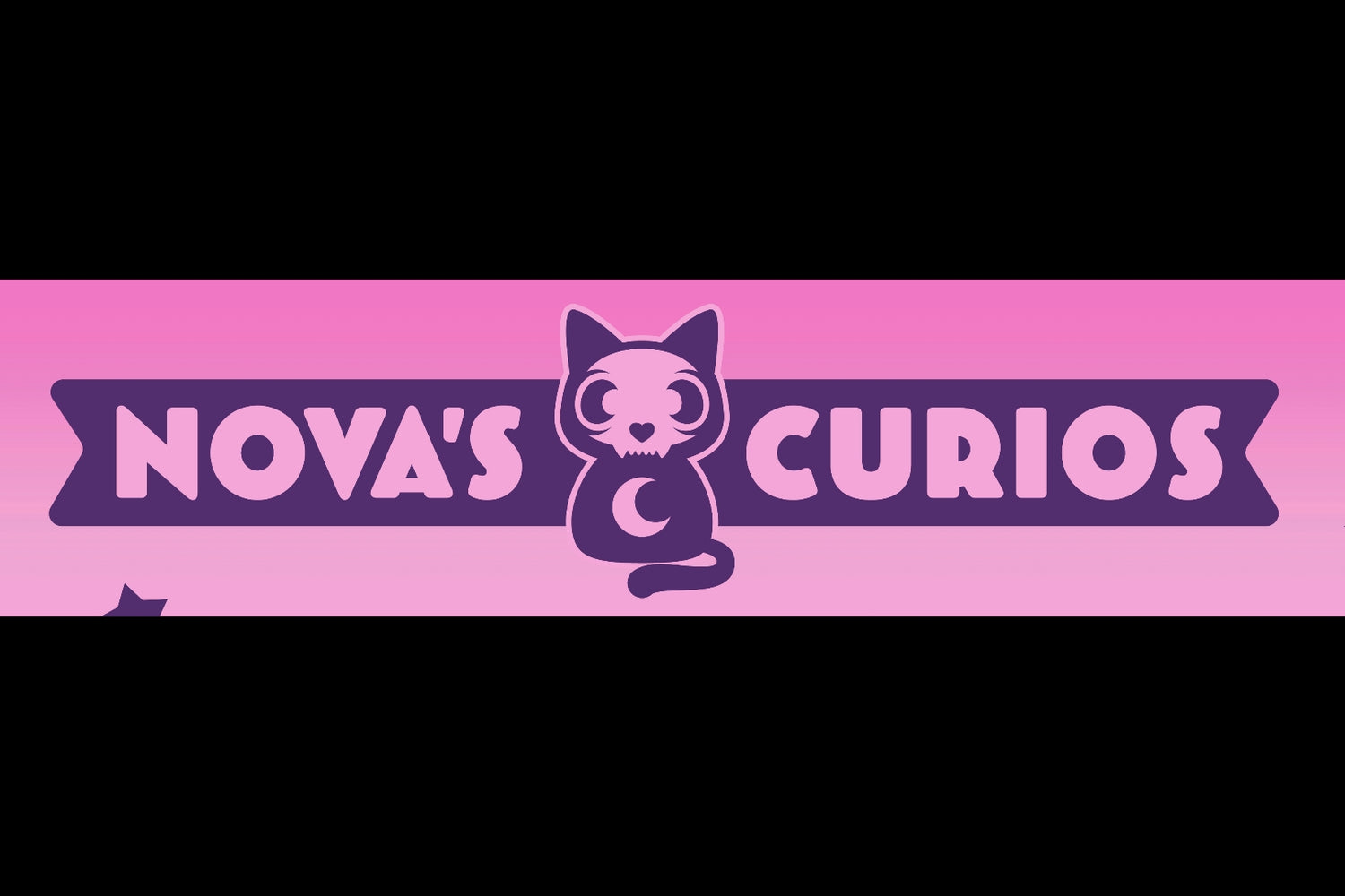 Purple banner with text that reads "Nova's Curios". In the middle is a logo of a purple cat silhouette with a skull face. 